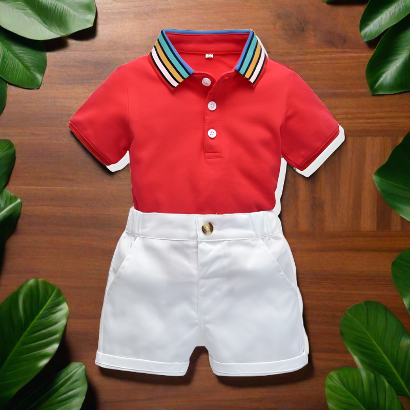 This classic striped collar polo shirt and shorts combo will have them looking sharp and ready to learn (or play!).