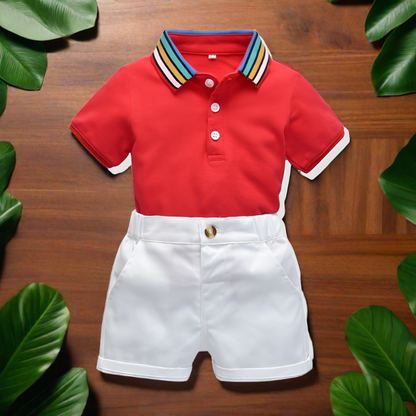 This classic striped collar polo shirt and shorts combo will have them looking sharp and ready to learn (or play!).