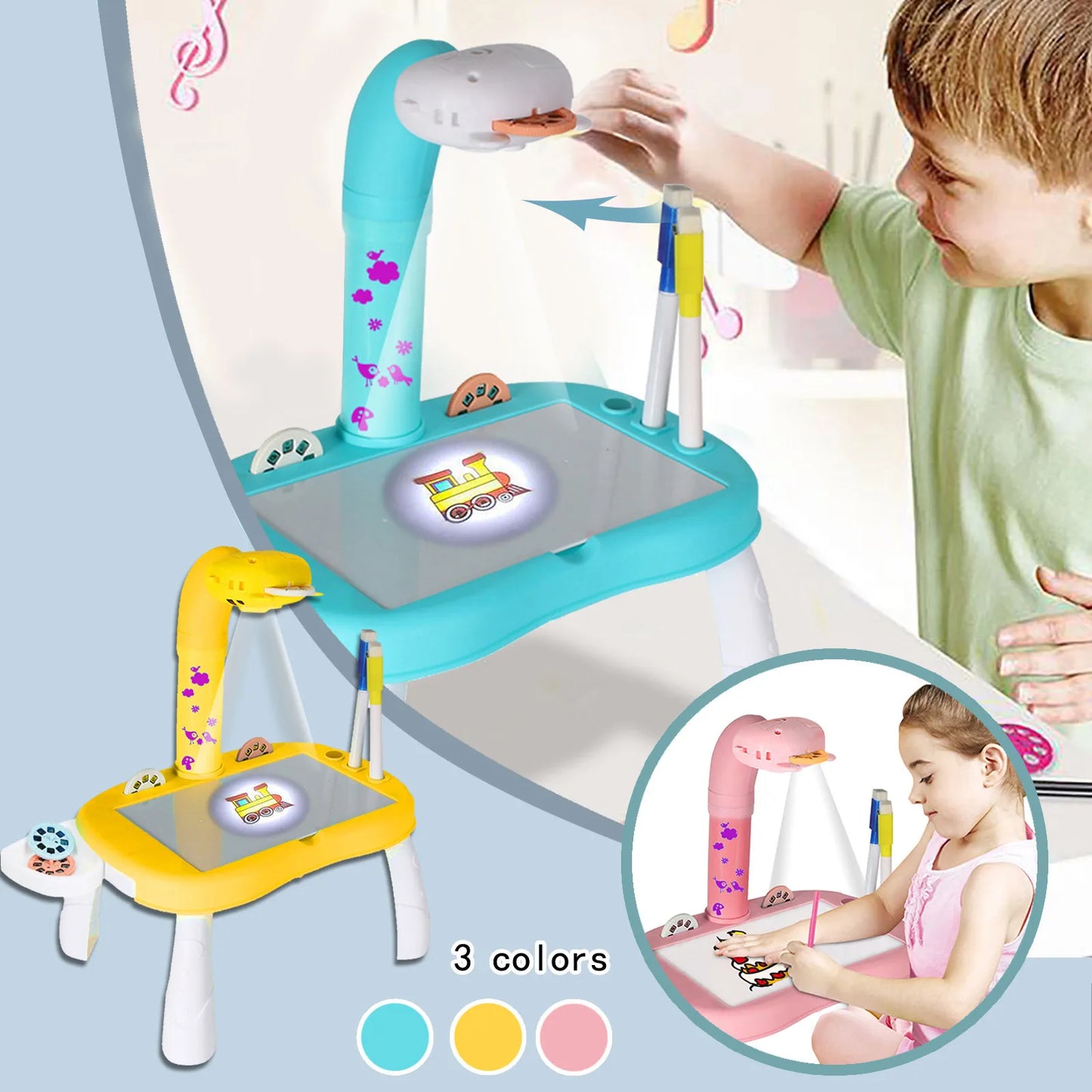 Let your little Picasso show off their artistic flair with the Kids LED Projector Art Painting Table!