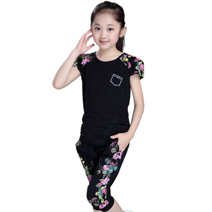 Summer Girls Floral Short Sleeve T-Shirt+Short Pants Set