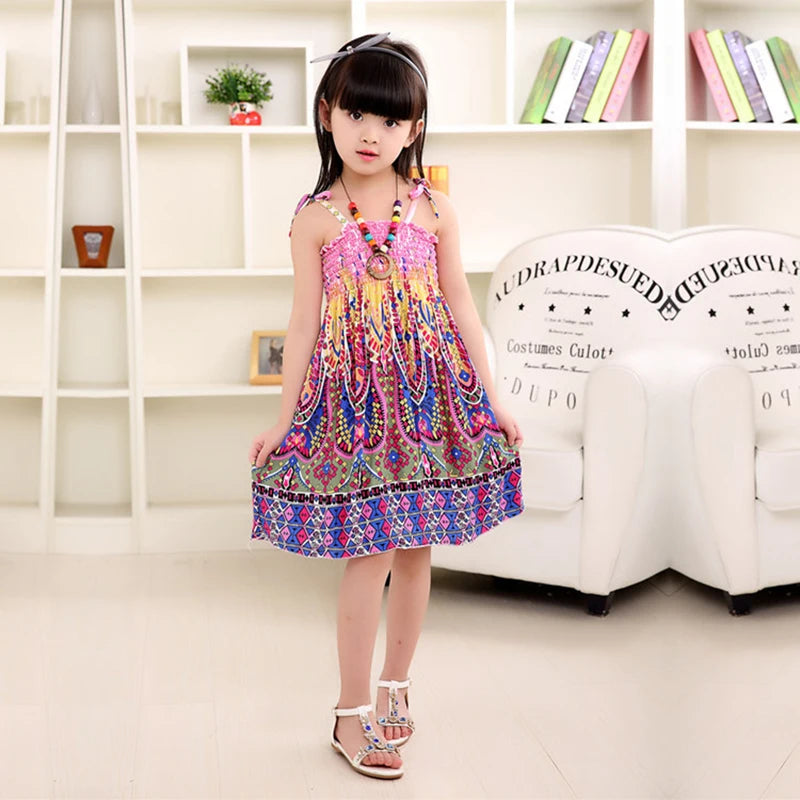 Summer Girls Floral Sling Ruffles Bohemian Dress w/Necklace