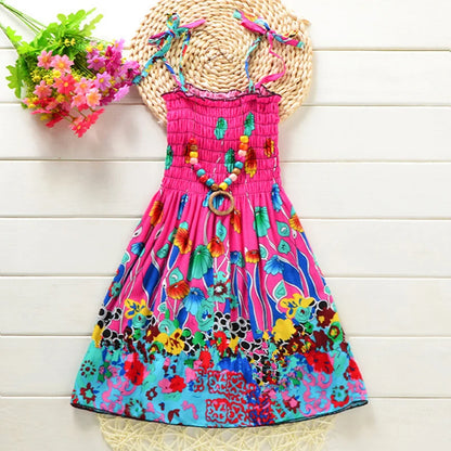 Summer Girls Floral Sling Ruffles Bohemian Dress w/Necklace