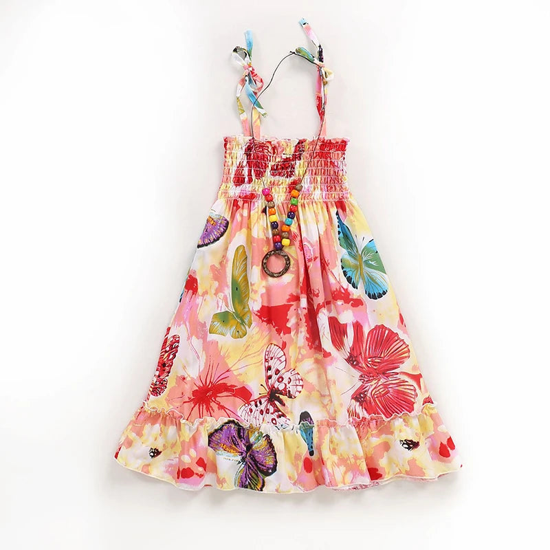 Summer Girls Floral Sling Ruffles Bohemian Dress w/Necklace