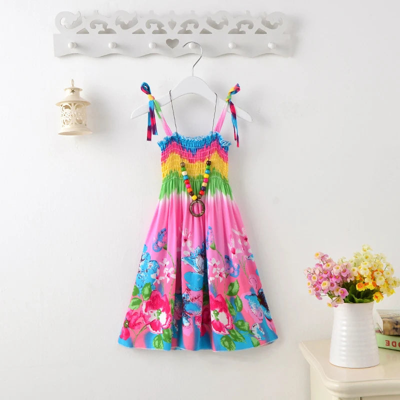 Summer Girls Floral Sling Ruffles Bohemian Dress w/Necklace