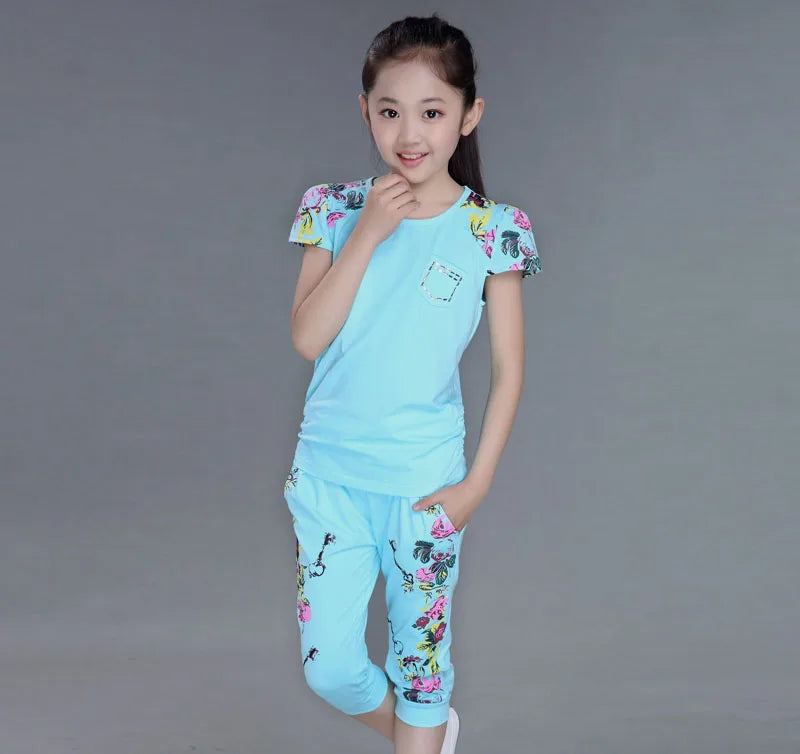 Summer Girls Floral Short Sleeve T-Shirt+Short Pants Set