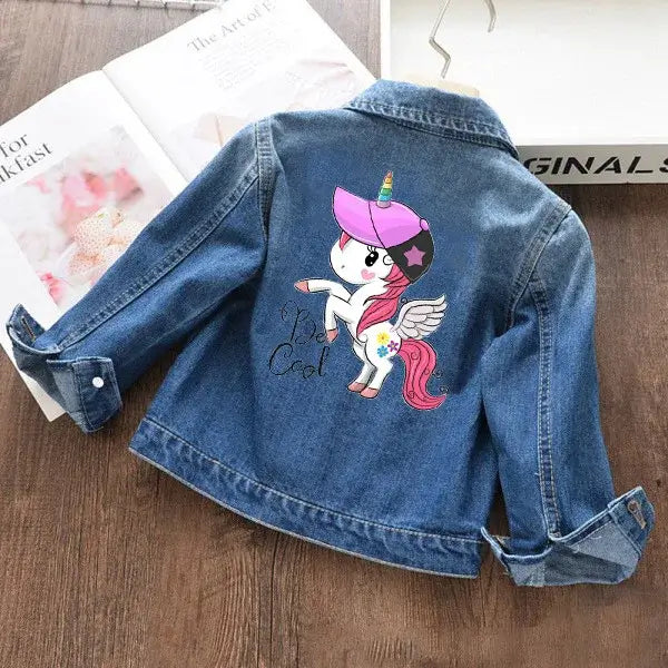 Sprinkle some magic into your child's wardrobe with our Girls Fashion Cartoon Unicorn Denim Jacket.