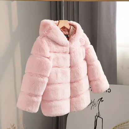 Bundle up your little fashionista with this Winter Girls Hooded Imitation Rabbit Hair Coat!