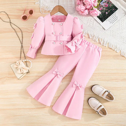 Dress your mini fashionista in this Girls Autumn Full Sleeve Blazer with Belt-Matching Pants set, made from 100% polyester for cozy comfort.