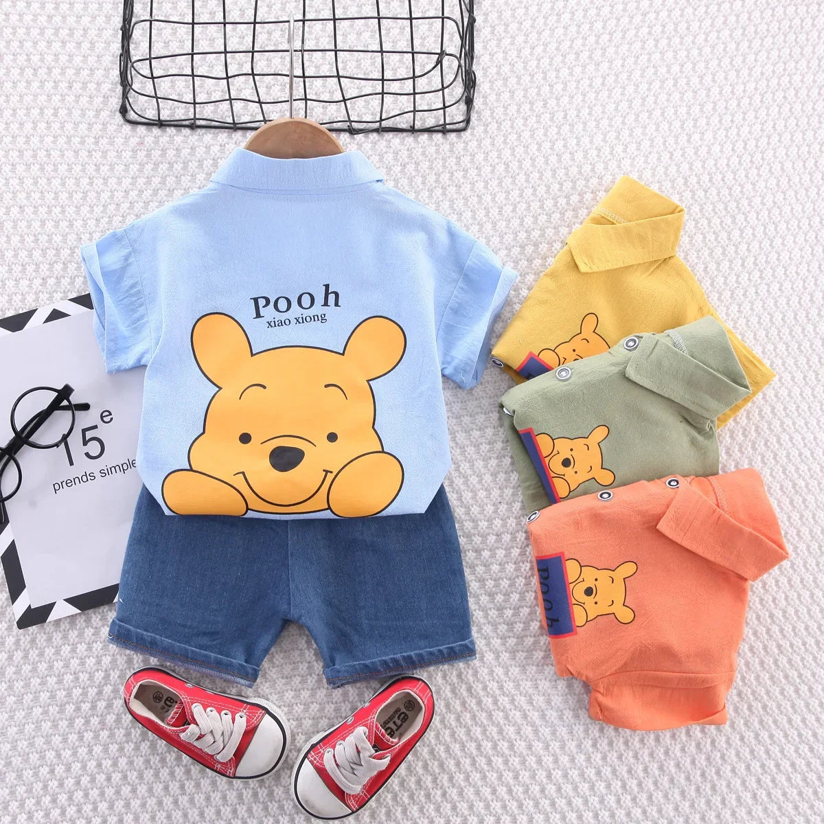Summer Toddler Boys POOH Bear Shirt & Denim Pocket Shorts