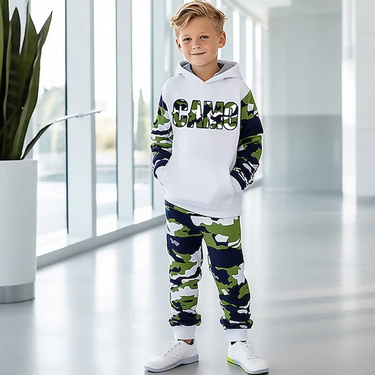 Introducing our Autumn Boys Graphic Letter Camouflage 3D Print Sweatshirt Set!