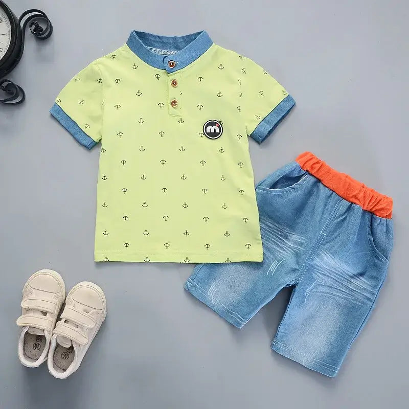 Summer Toddler Boys ANCHOR Polo Shirt & Denim Shorts