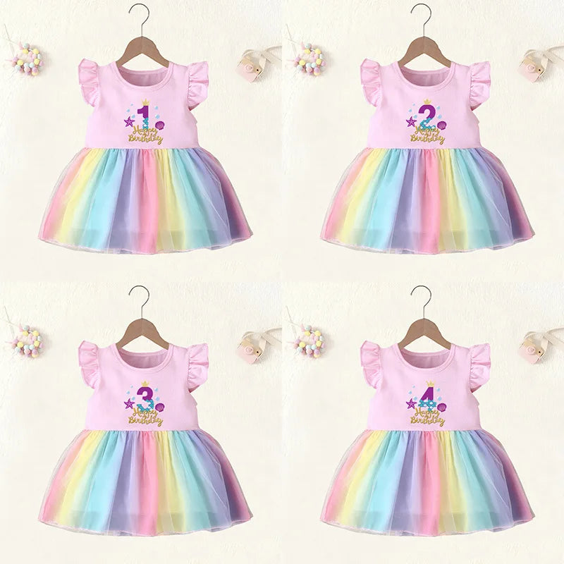 This Toddler Girls Gold Letter Print Birthday Rainbow Dress is a perfect choice for your little one to make a statement.