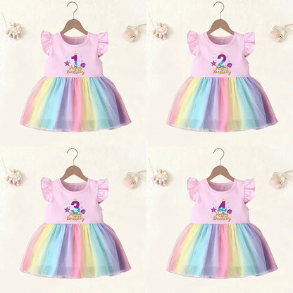 This Toddler Girls Gold Letter Print Birthday Rainbow Dress is a perfect choice for your little one to make a statement.