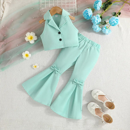 Dress your little one in style with this Summer Girls Sleeveless Lapel Short Top and Solid Color Bow Flared Pants set!