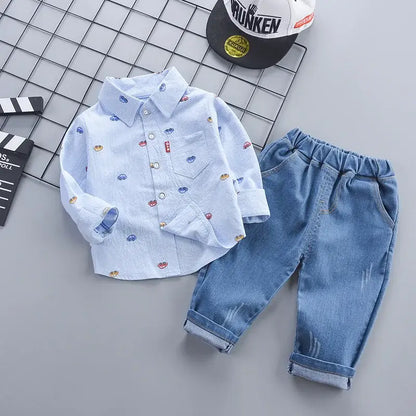 Autumn Toddler Boys Car Print Fashion Shirt+ Denim Jeans