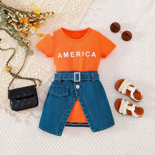 Summer Toddler Girl Letter Printed Short Sleeves+Irregular Denim High Waisted Skirt