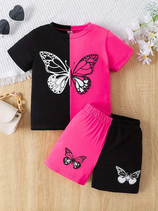 Girls Autumn Color Clash Butterfly Print T-shirt & Shorts Set