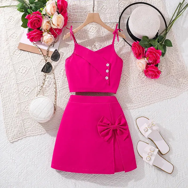 Crafted from luxurious POLYESTER, this sleeveless rose red top and bow skort set exudes casual elegance.