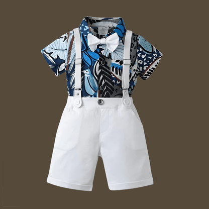 Elevate your toddler's style with our Gentleman Bow-Tie Shirt & Suspender Shorts. Perfect for summer, crafted from quality cotton for comfort.