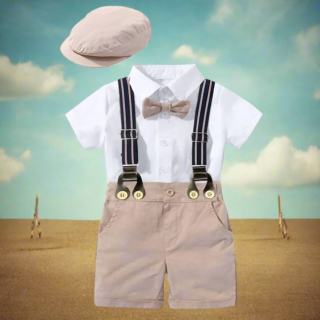 Get your little one ready for the spring season with our exclusive Spring Toddler Boys Suspenders-Romper-Hat Set.