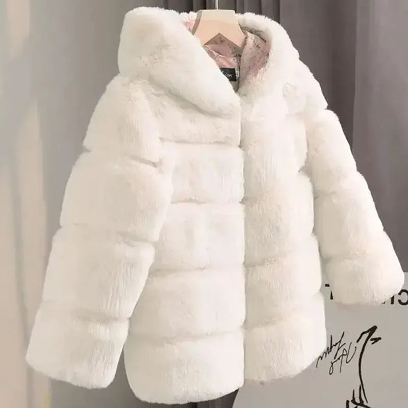 Bundle up your little fashionista with this Winter Girls Hooded Imitation Rabbit Hair Coat!