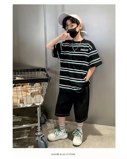 Summer Boys Striped Short Sleeve T-shirts+Elastic Shorts