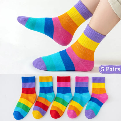 Kids Fun Rainbow 7 Color Stripes Tube Socks 5PK