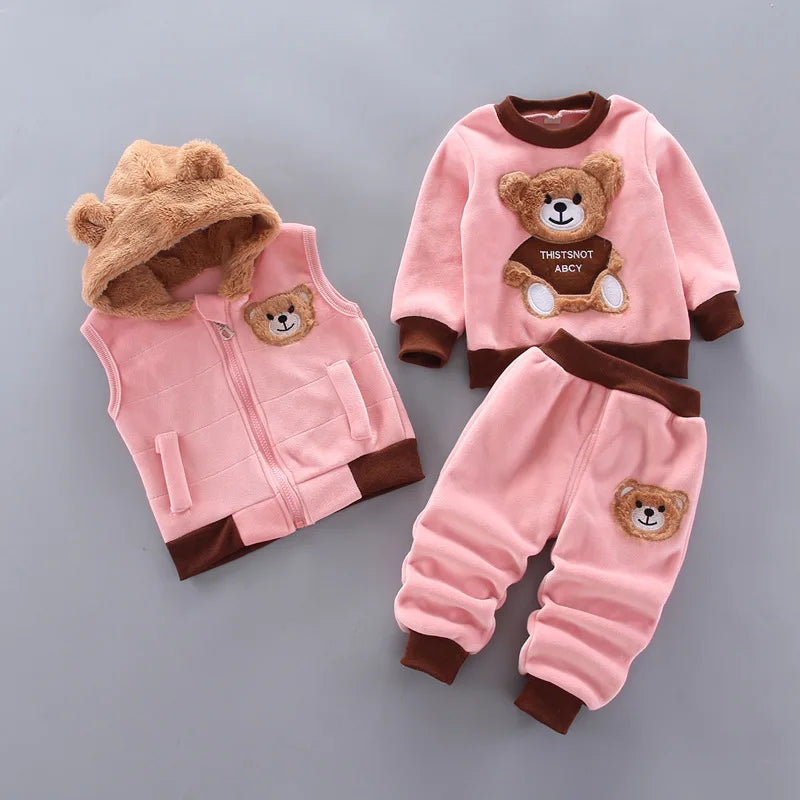 Keep your little one cozy and giggle-ready this winter with our adorable three-piece Toddler Kids Winter Fleece Cartoon Hooded Vest-Coat-Pants! 