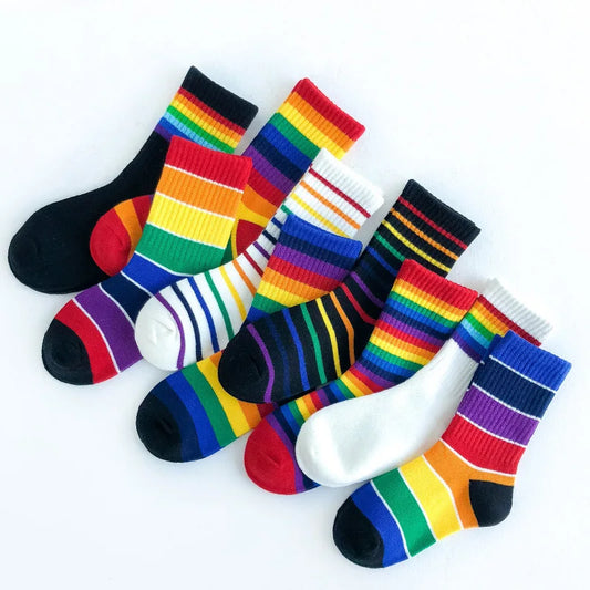 Shop now for the Rainbow Stripe Breathable Cotton Socks for kids 1-8. Soft, sweat-absorbent, perfect for any season.