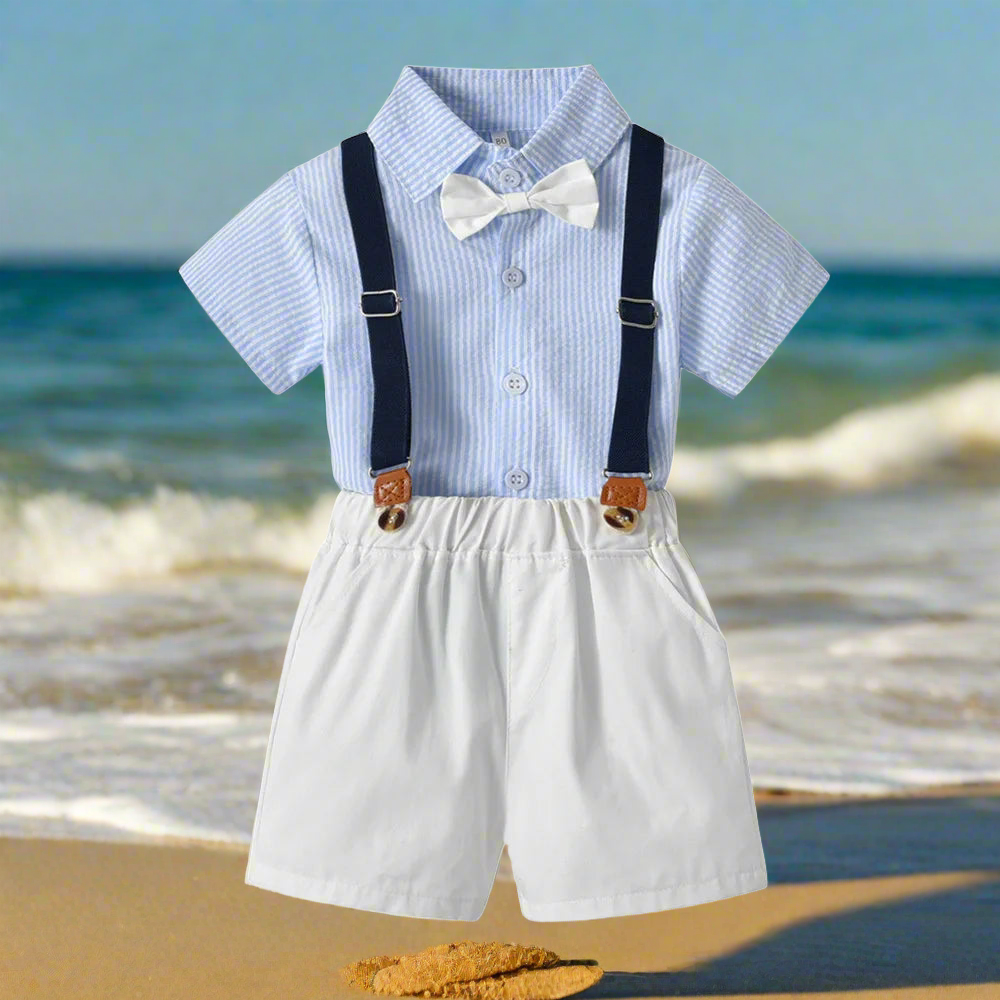 Crafted with superior cotton fabric, our Toddler Boys Bowtie Shirt and Suspenders Set exudes luxury and sophistication.