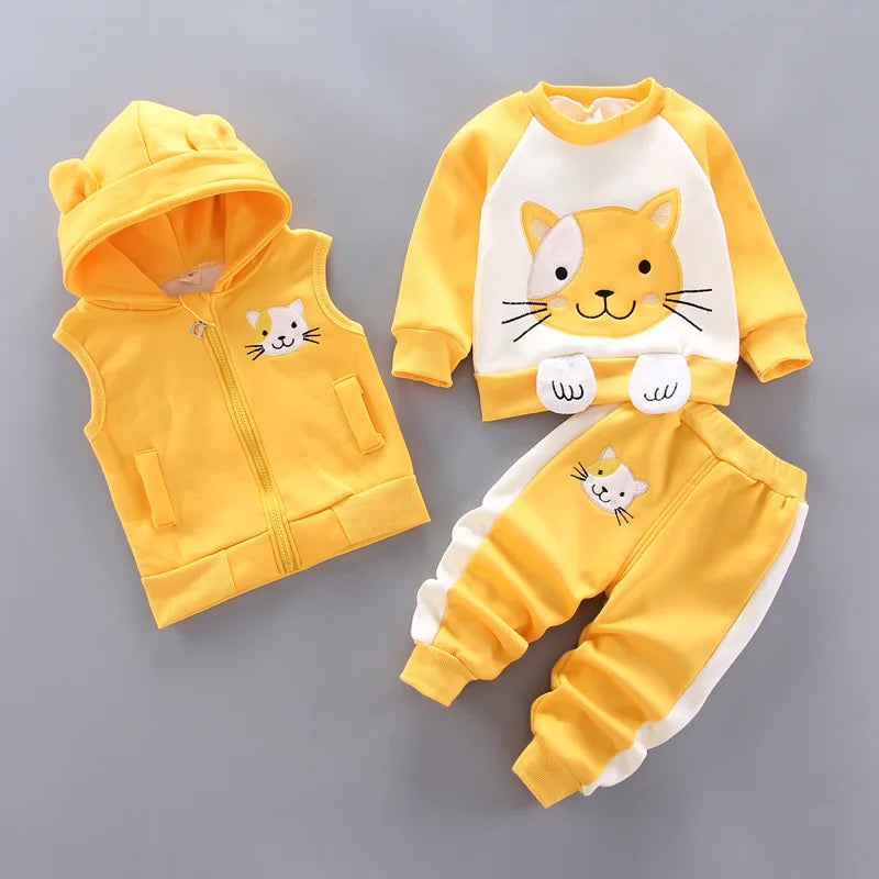 Keep your little one cozy and giggle-ready this winter with our adorable three-piece Toddler Kids Winter Fleece Cartoon Hooded Vest-Coat-Pants! 