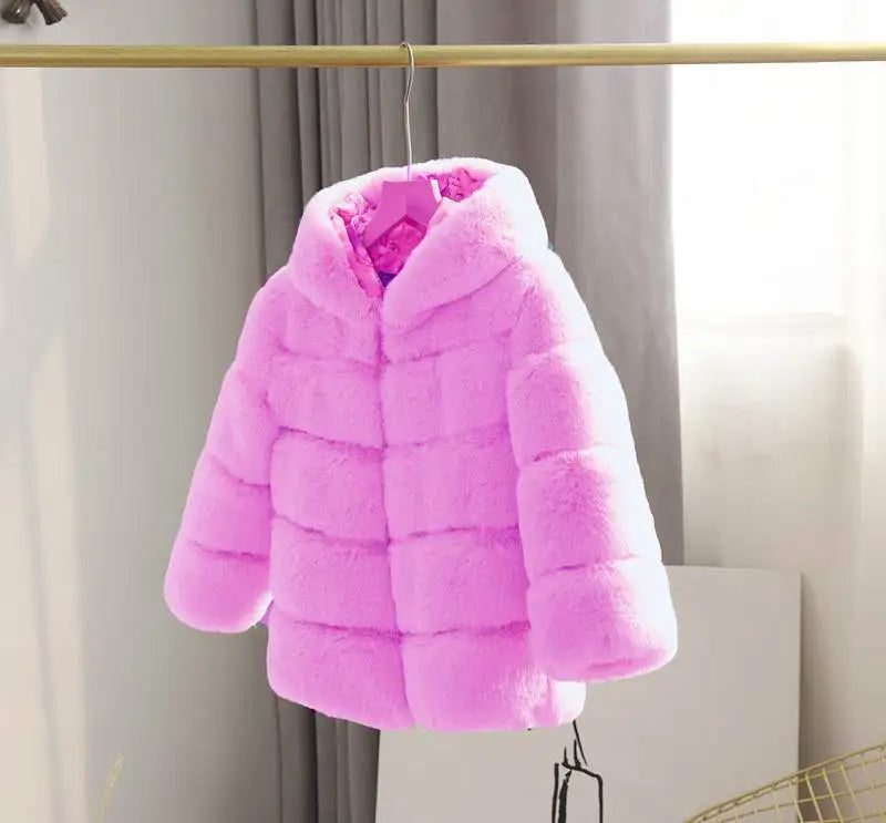 Bundle up your little fashionista with this Winter Girls Hooded Imitation Rabbit Hair Coat!