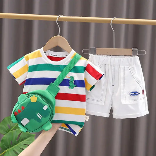 Toddler Boys Back To School Cute Cartoon Dinosaur Fashion T-shirt+Shorts+Bag