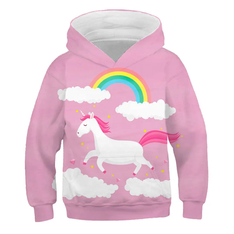 Stay cozy and magical this autumn with our Girls Autumn Long Sleeve Unicorn Hoodie Sweatshirt. Made from soft polyester, this pullover features full sleeves and a playful cartoon unicorn design