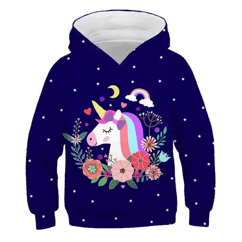 Stay cozy and magical this autumn with our Girls Autumn Long Sleeve Unicorn Hoodie Sweatshirt. Made from soft polyester, this pullover features full sleeves and a playful cartoon unicorn design