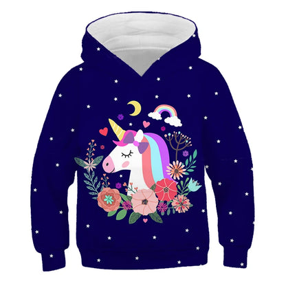 Stay cozy and magical this autumn with our Girls Autumn Long Sleeve Unicorn Hoodie Sweatshirt. Made from soft polyester, this pullover features full sleeves and a playful cartoon unicorn design