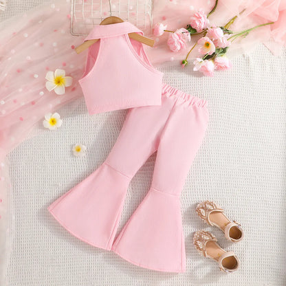 Dress your little one in style with this Summer Girls Sleeveless Lapel Short Top and Solid Color Bow Flared Pants set!