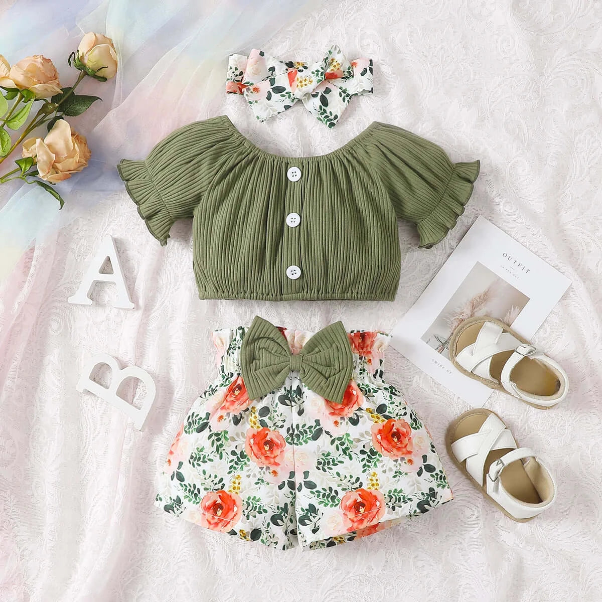 Summer Infant Girls Green Puff Sleeve Top+Flower Print Shorts 3PC Set