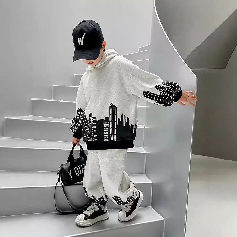 Boys Autumn Print Pullover Hooded Top and Pants