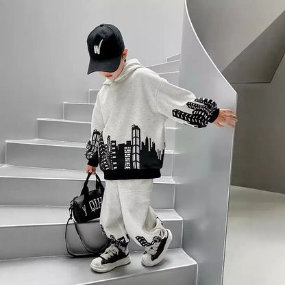 Boys Autumn Print Pullover Hooded Top and Pants