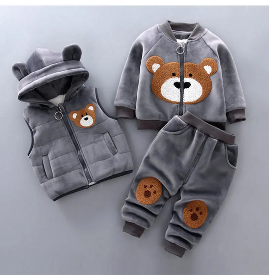 Keep your little one cozy and giggle-ready this winter with our adorable three-piece Toddler Kids Winter Fleece Cartoon Hooded Vest-Coat-Pants! 
