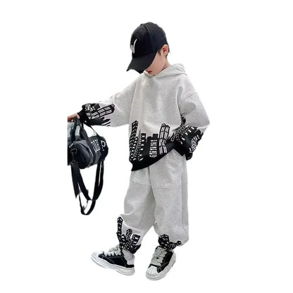 Boys Autumn Print Pullover Hooded Top and Pants