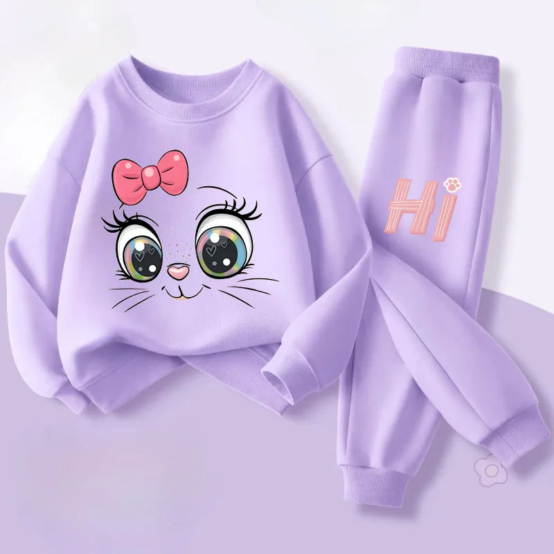 Keep your little one cozy with this playful Girls Fall Kitten Eyes Long Sleeved Pullover-Long Pants featuring a long-sleeved pullover and matching long pants.