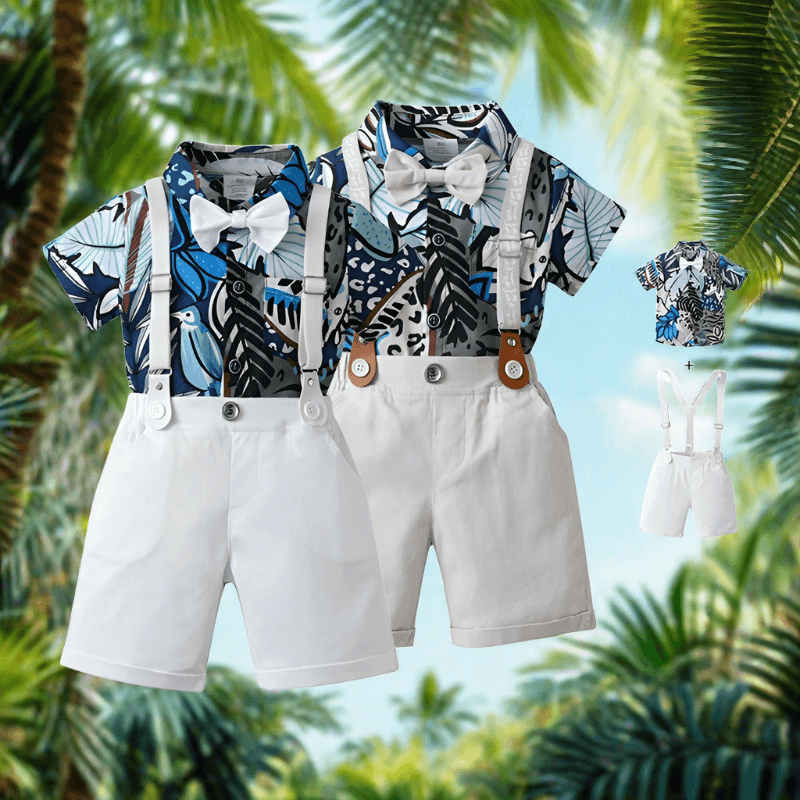 Elevate your toddler's style with our Gentleman Bow-Tie Shirt & Suspender Shorts. Perfect for summer, crafted from quality cotton for comfort.