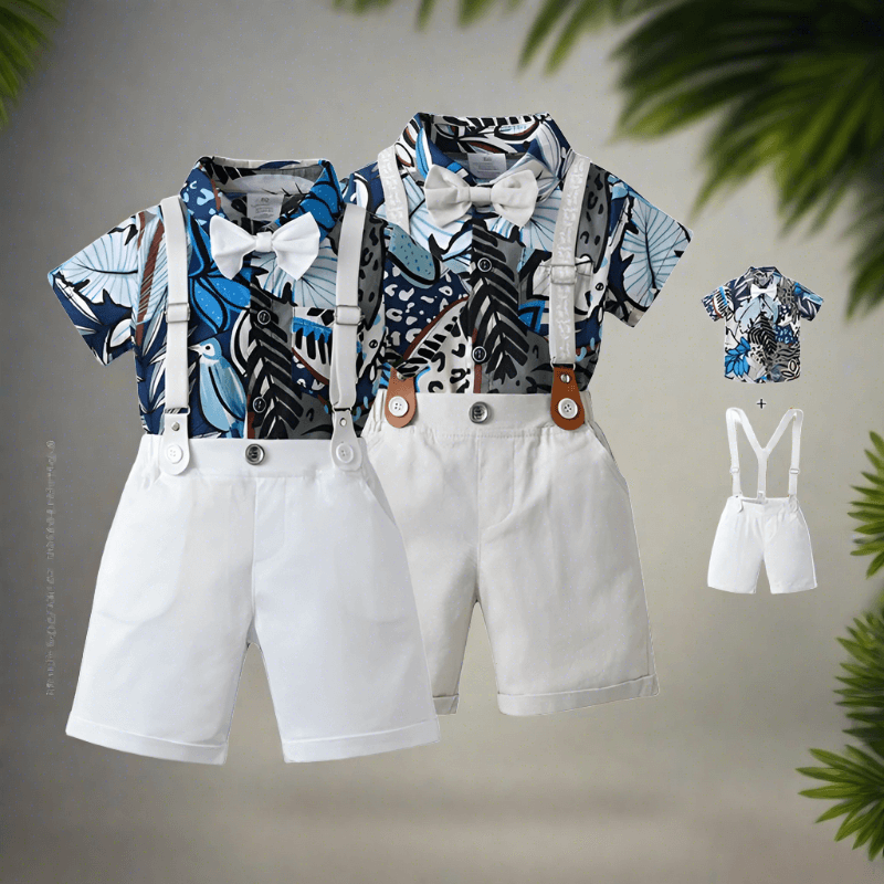 Elevate your toddler's style with our Gentleman Bow-Tie Shirt & Suspender Shorts. Perfect for summer, crafted from quality cotton for comfort.