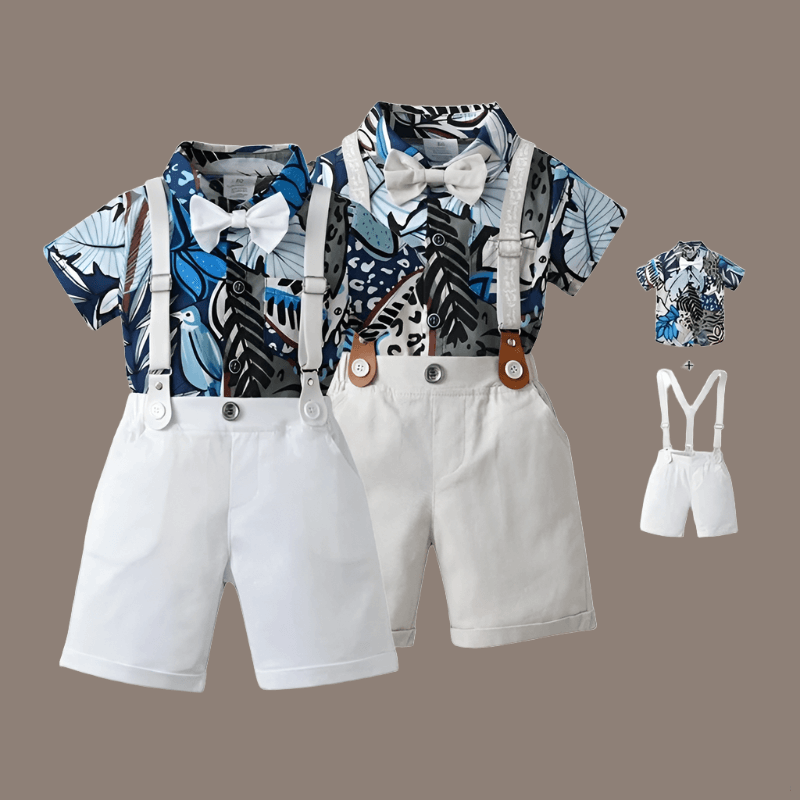 Elevate your toddler's style with our Gentleman Bow-Tie Shirt & Suspender Shorts. Perfect for summer, crafted from quality cotton for comfort.