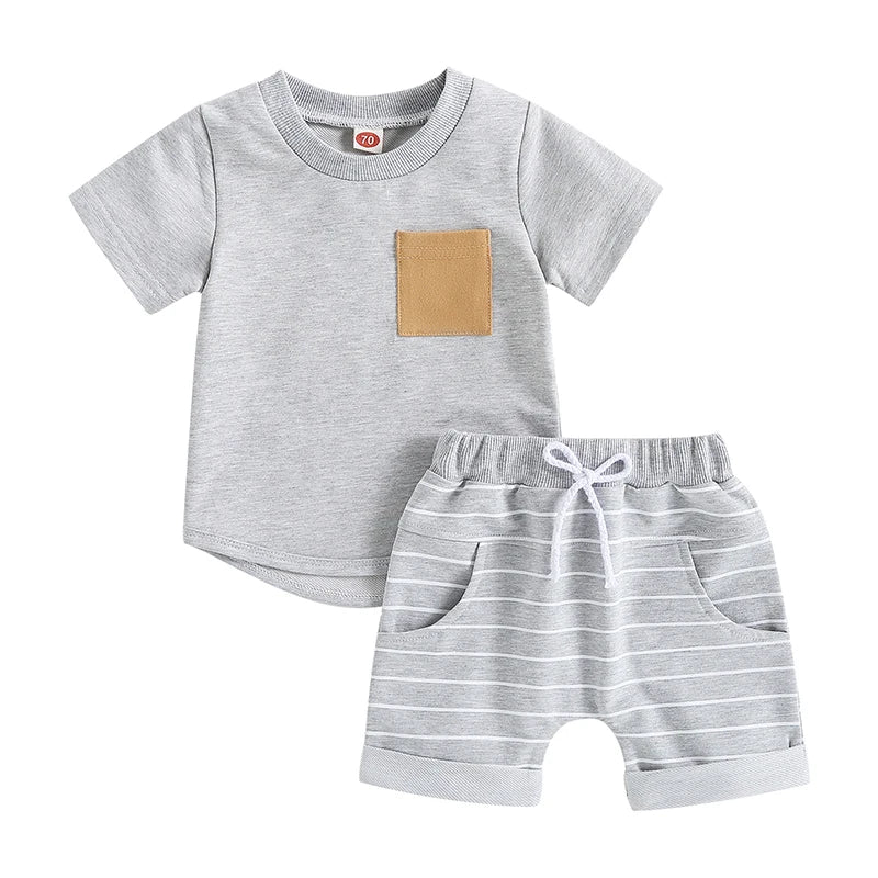 Summer Toddler Boys Short Sleeve Colorblock T-shirt with Striped Shorts