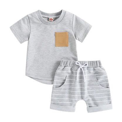 Dress your boy in style with a comfy colorblock tee and striped shorts. Perfect for summer fun, ages 6m-4y.