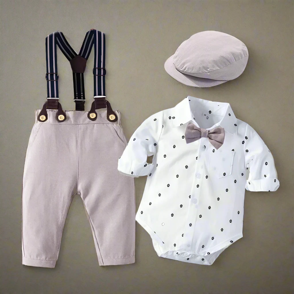 Get your little one ready for the spring season with our exclusive Spring Toddler Boys Suspenders-Romper-Hat Set.