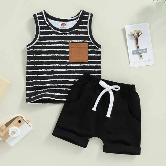 Summer Toddler Boys Striped Tank Top & Rolled Cuff Shorts